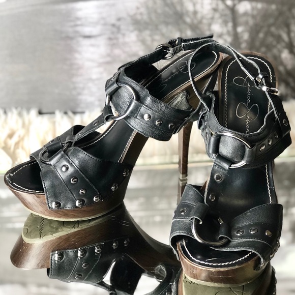 Jessica Simpson Shoes - Jessica Simpson Georgia Black Leather & Wood Heels